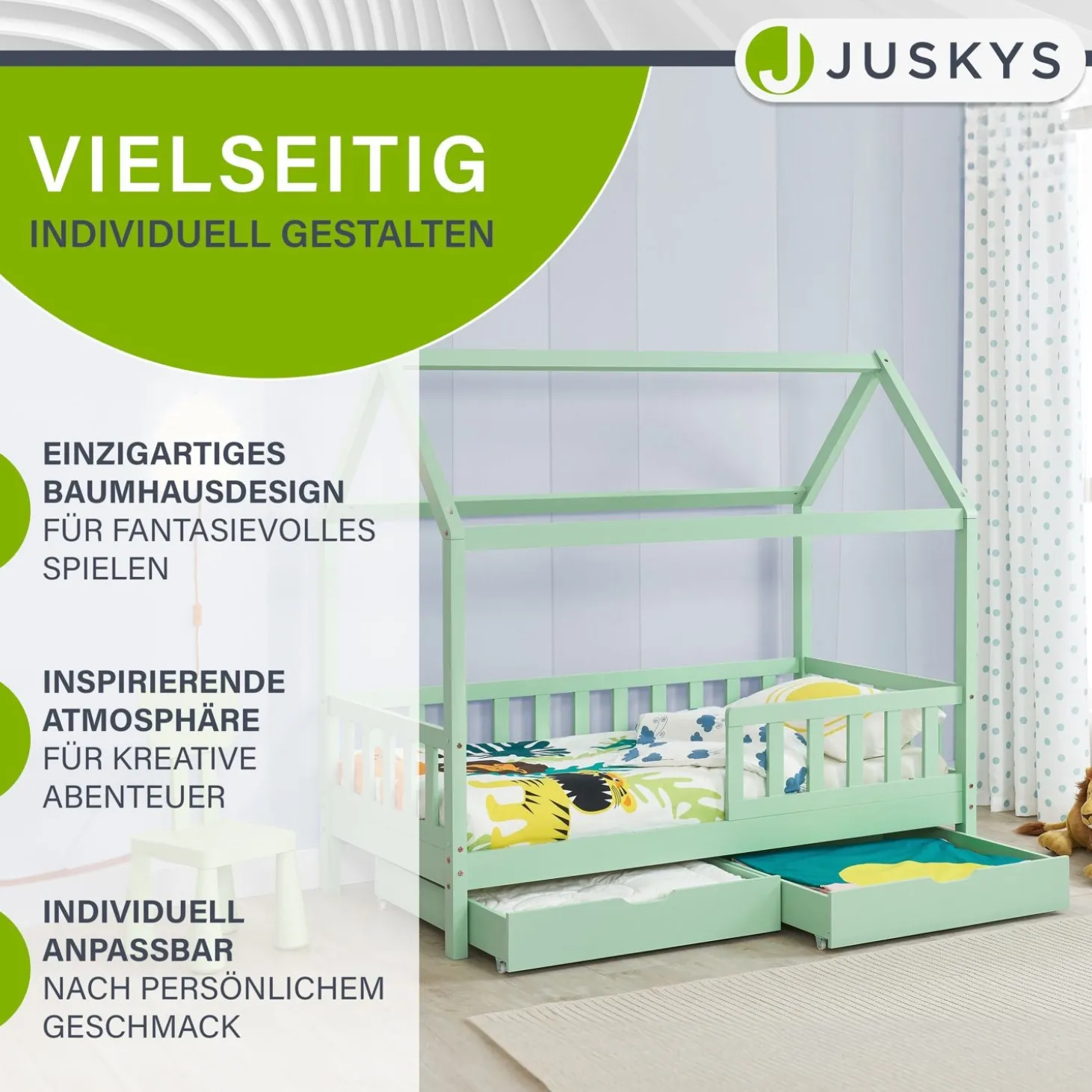 Kinderbett Marli 80 x 160 cm mit Bettkasten Hausbett mit Dach, Lattenrost, Rausfallschutz & Stauraum