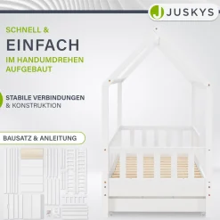 Kinderbett Marli 80 x 160 cm mit Bettkasten Hausbett mit Dach, Lattenrost, Rausfallschutz & Stauraum