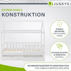 Kinderbett Marli 80 x 160 cm mit Bettkasten Hausbett mit Dach, Lattenrost, Rausfallschutz & Stauraum