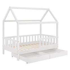 Kinderbett Marli 80 x 160 cm mit Bettkasten Hausbett mit Dach, Lattenrost, Rausfallschutz & Stauraum