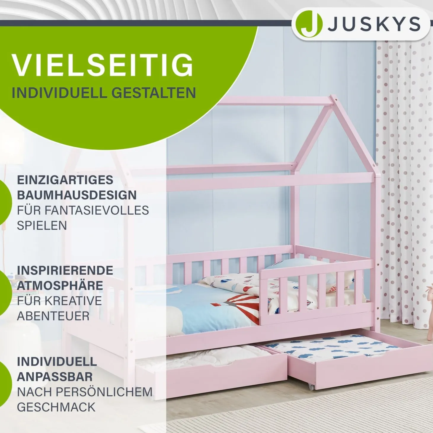 Kinderbett Marli 80 x 160 cm mit Bettkasten Hausbett mit Dach, Lattenrost, Rausfallschutz & Stauraum