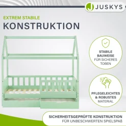 Kinderbett Marli 80 x 160 cm mit Bettkasten Hausbett mit Dach, Lattenrost, Rausfallschutz & Stauraum