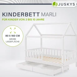 Kinderbett Marli 80 x 160 cm mit Bettkasten Hausbett mit Dach, Lattenrost, Rausfallschutz & Stauraum