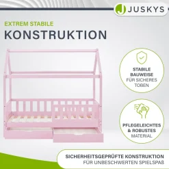 Kinderbett Marli 80 x 160 cm mit Bettkasten Hausbett mit Dach, Lattenrost, Rausfallschutz & Stauraum