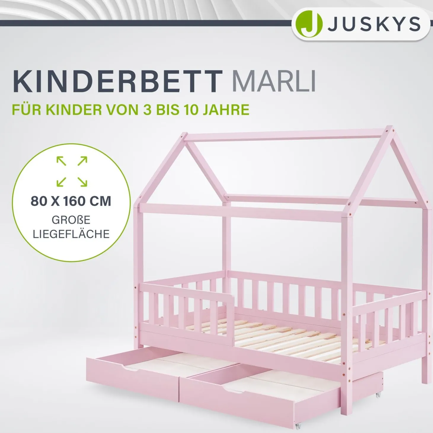 Kinderbett Marli 80 x 160 cm mit Bettkasten Hausbett mit Dach, Lattenrost, Rausfallschutz & Stauraum