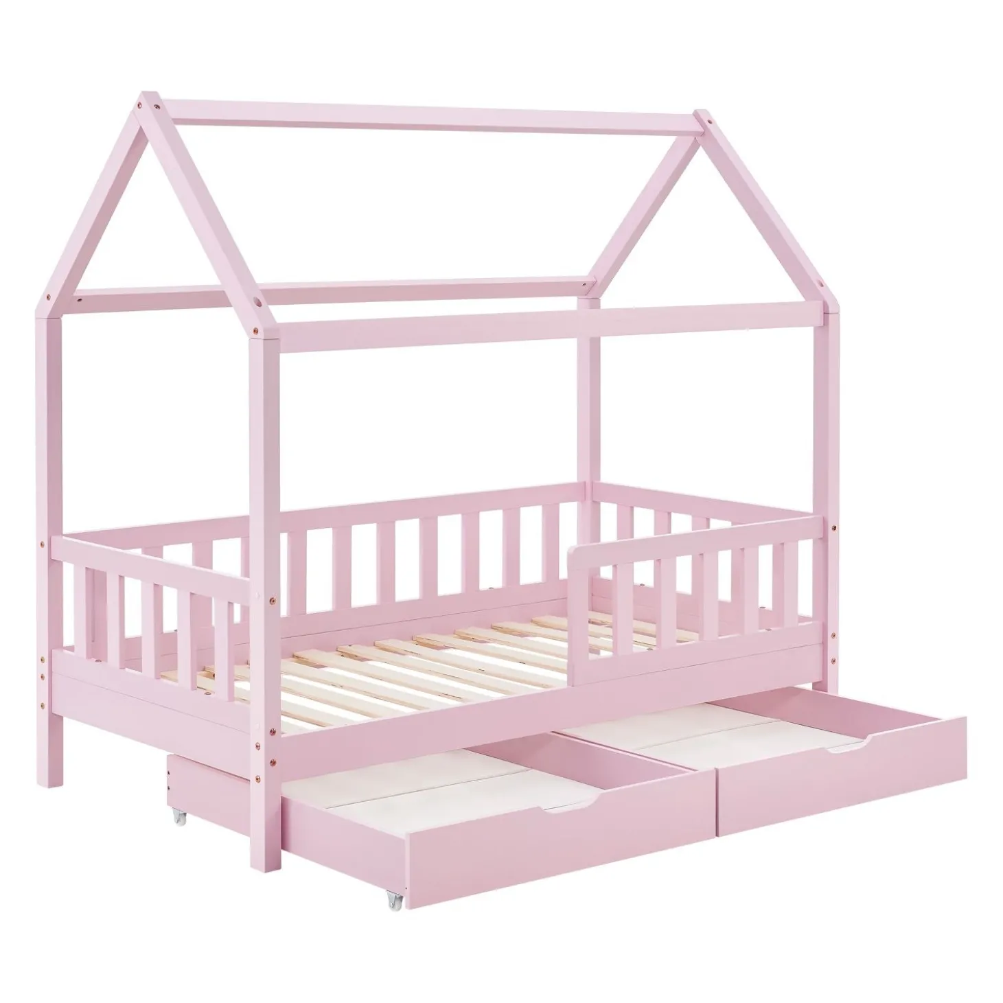 Kinderbett Marli 80 x 160 cm mit Bettkasten Hausbett mit Dach, Lattenrost, Rausfallschutz & Stauraum