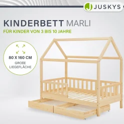 Kinderbett Marli 80 x 160 cm mit Bettkasten Hausbett mit Dach, Lattenrost, Rausfallschutz & Stauraum