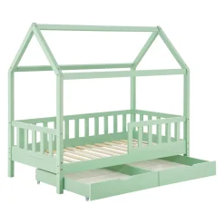 Kinderbett Marli 80 x 160 cm mit Bettkasten Hausbett mit Dach, Lattenrost, Rausfallschutz & Stauraum