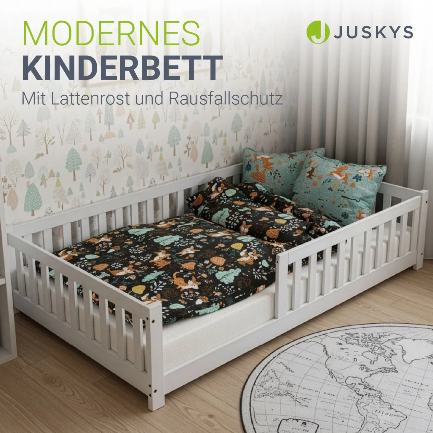 Kinderbett Naya Bodenbett aus Holz für Kinder - mit Lattenrost & Rausfallschutz