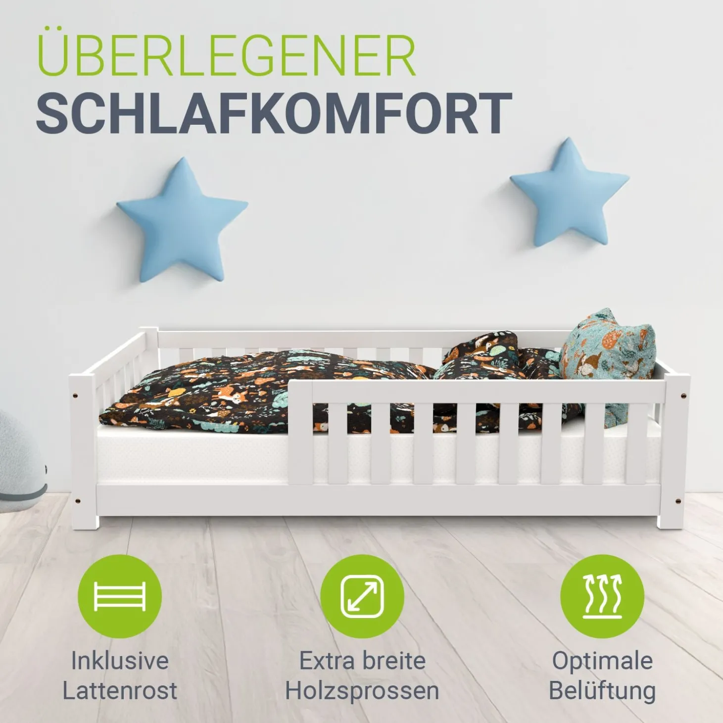 Kinderbett Naya Bodenbett aus Holz für Kinder - mit Lattenrost & Rausfallschutz