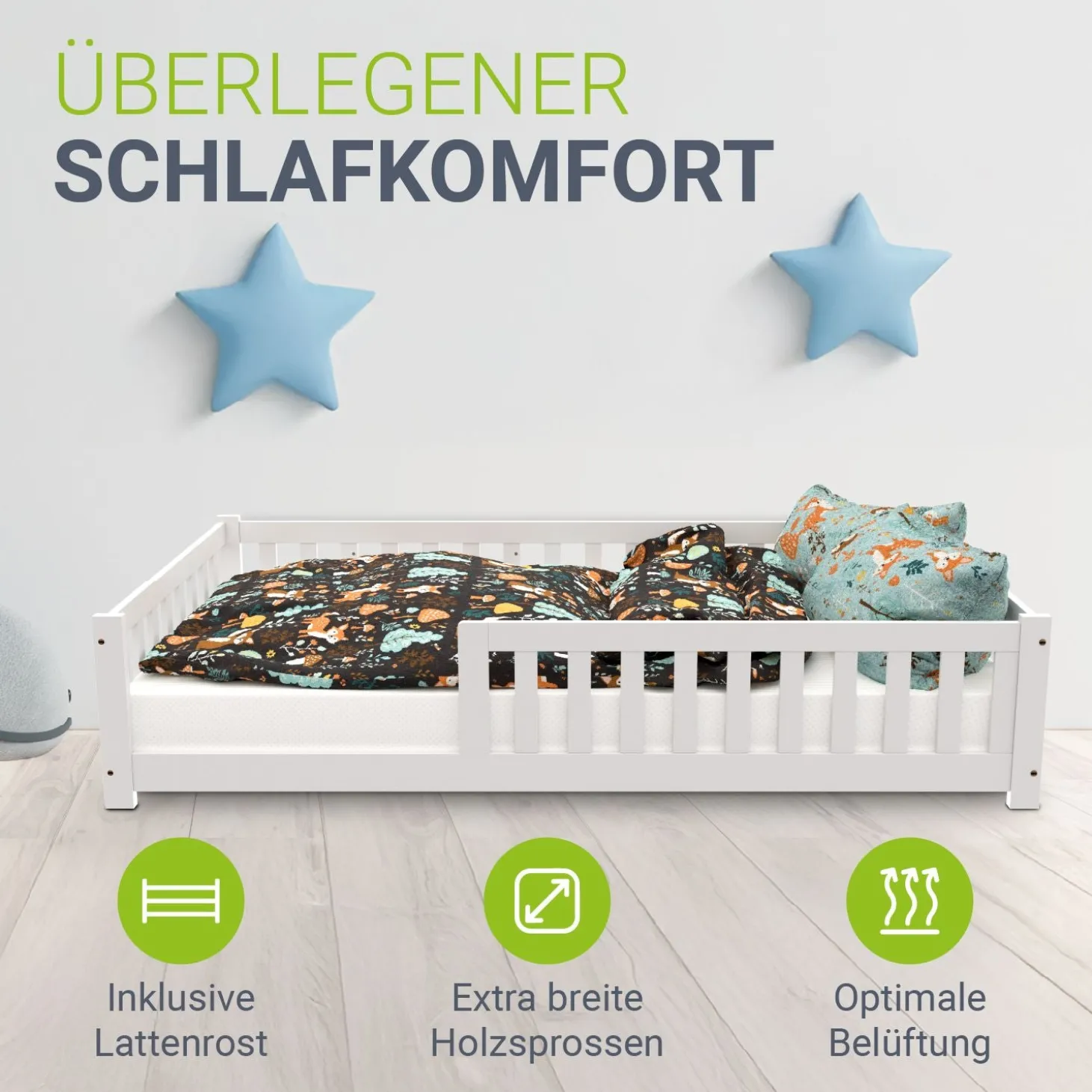 Kinderbett Naya Bodenbett aus Holz für Kinder - mit Lattenrost & Rausfallschutz