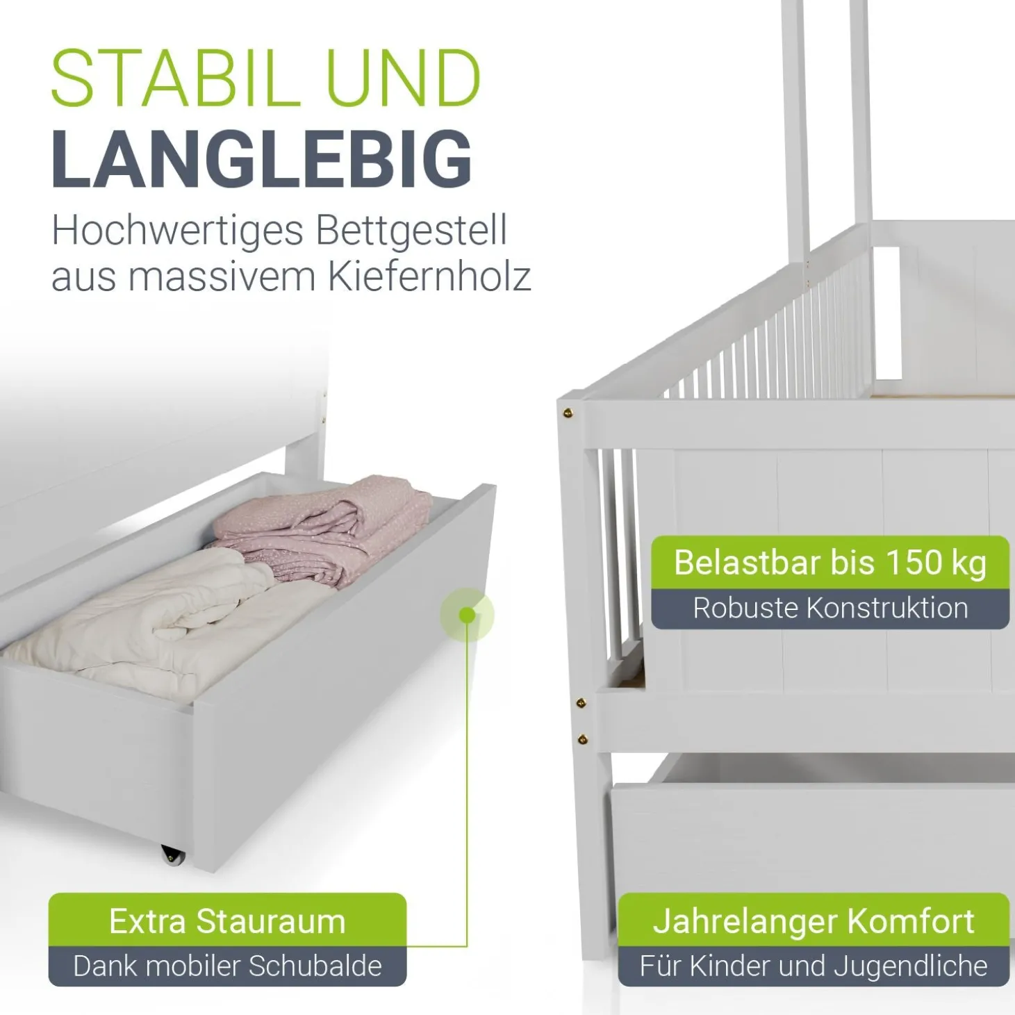 Kinderbett Yari Verspieltes Abenteuerbett mit Tisch und Schublade