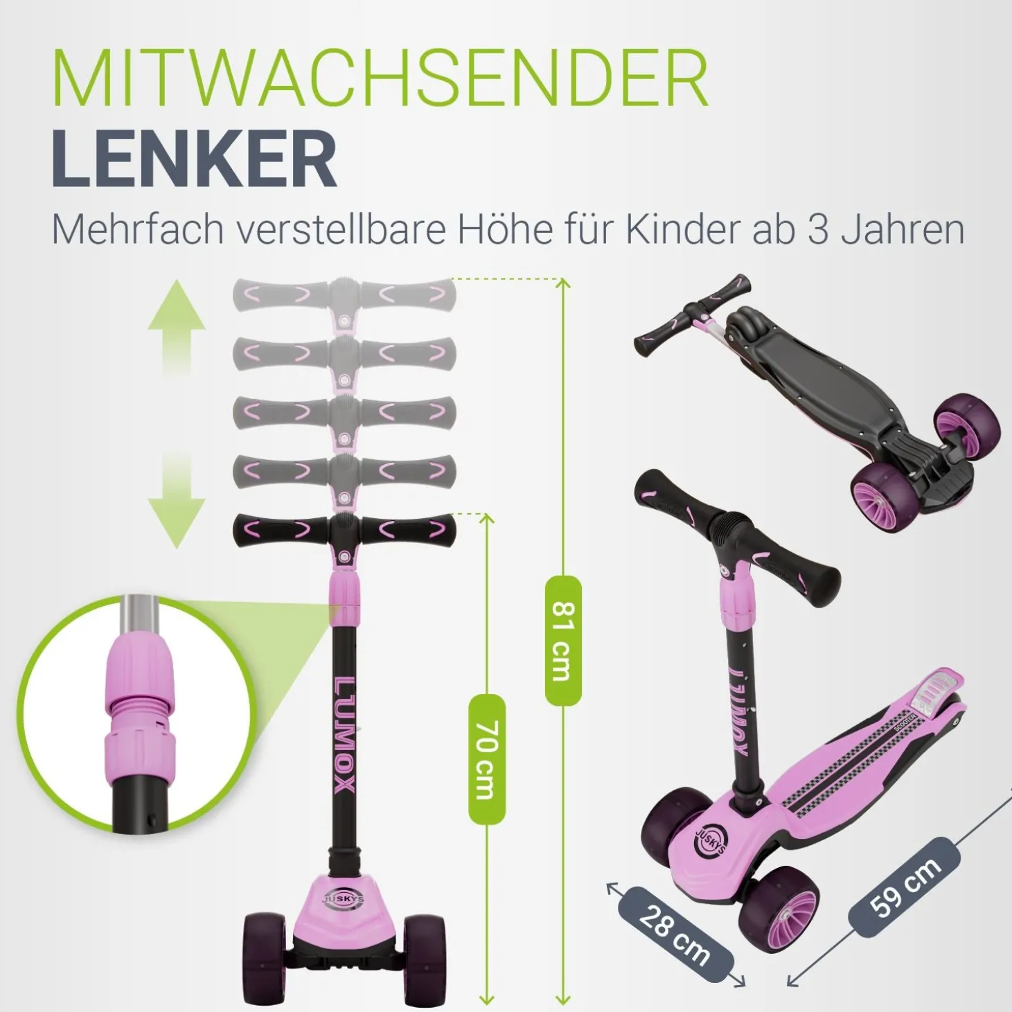 Kinderroller Lumox Roller für Kleinkinder ab 3 Jahren mit LED-Leuchträdern