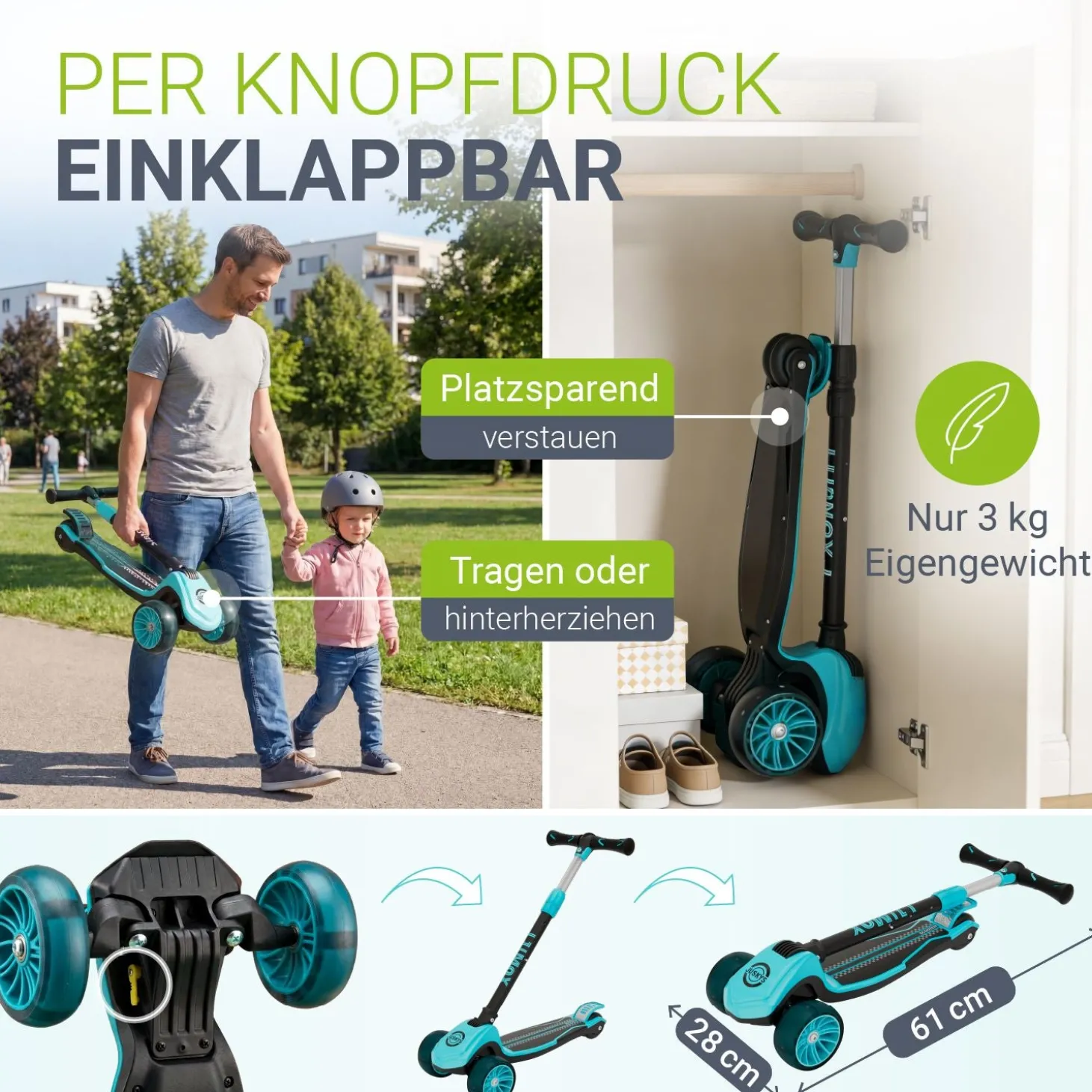 Kinderroller Lumox Roller für Kleinkinder ab 3 Jahren mit LED-Leuchträdern