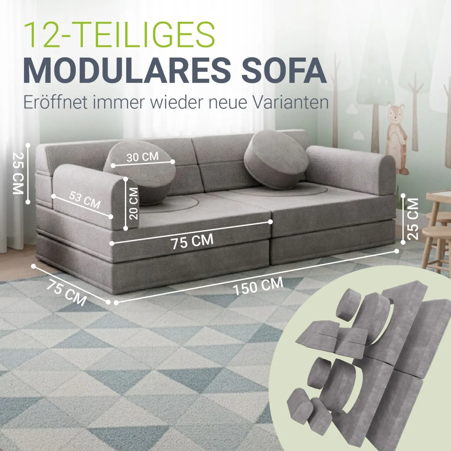 Kindersofa Kayo mit Cord Bezug & Kissen Weiches Spielsofa mit verschiedenen Aufbaumöglichkeiten
