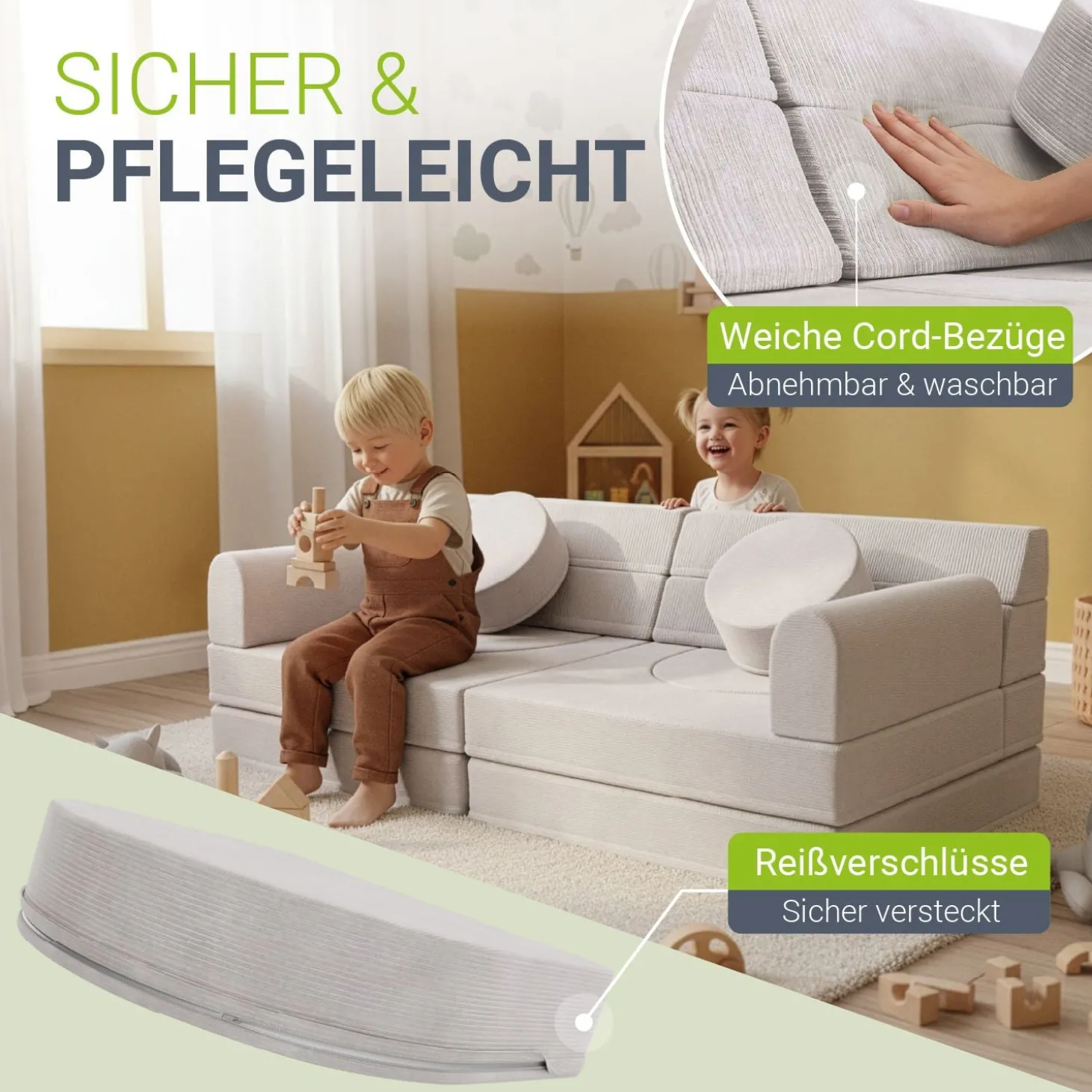 Kindersofa Kayo mit Cord Bezug & Kissen Weiches Spielsofa mit verschiedenen Aufbaumöglichkeiten