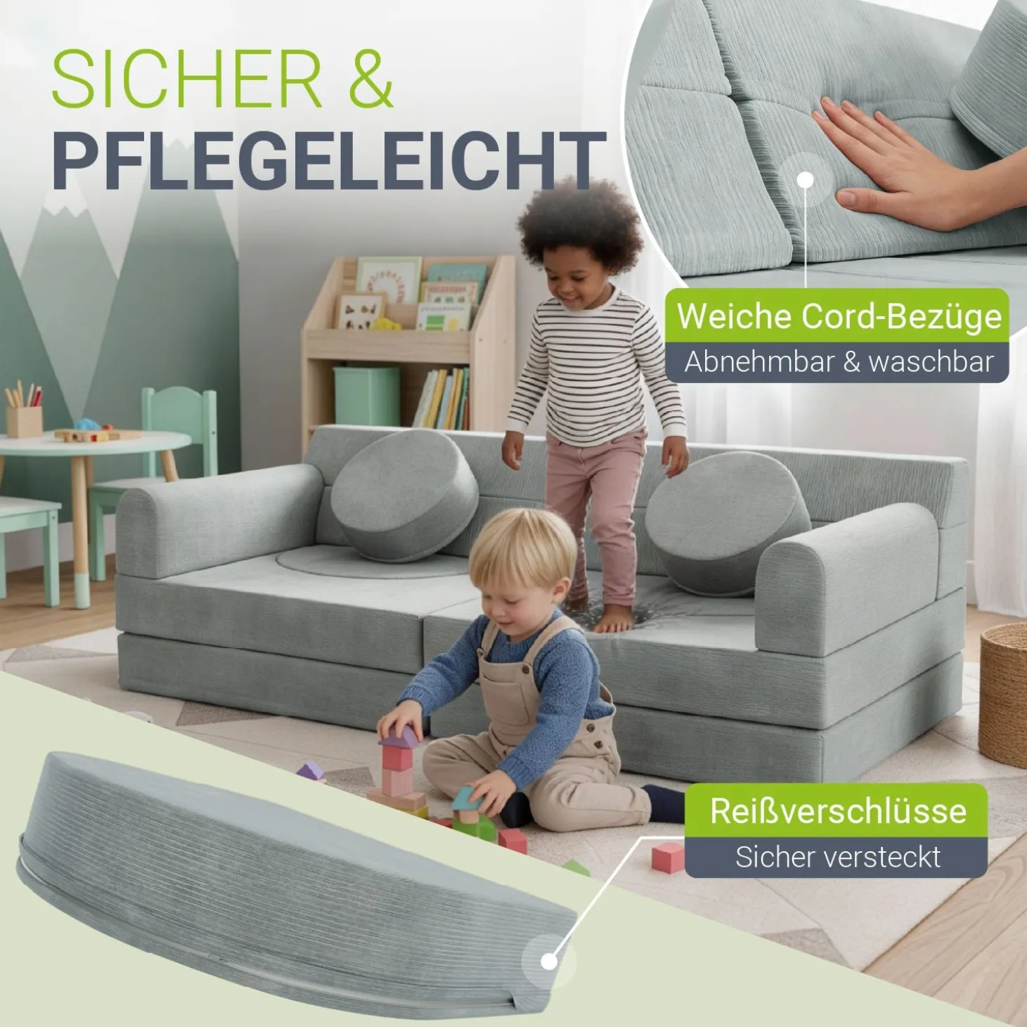 Kindersofa Kayo mit Cord Bezug & Kissen Weiches Spielsofa mit verschiedenen Aufbaumöglichkeiten