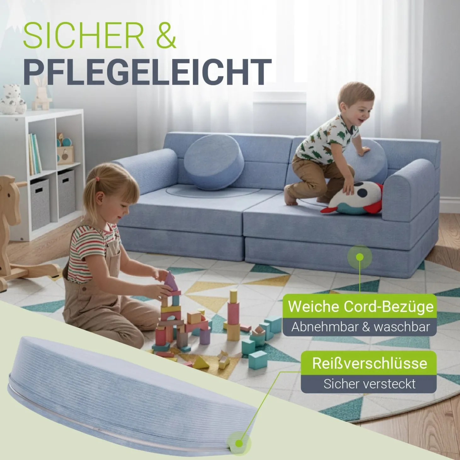 Kindersofa Kayo mit Cord Bezug & Kissen Weiches Spielsofa mit verschiedenen Aufbaumöglichkeiten