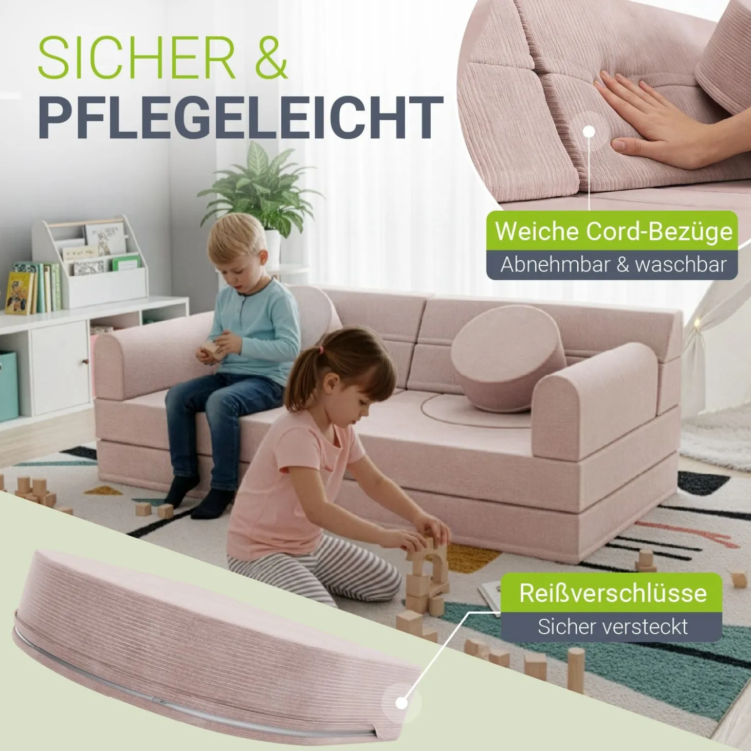 Kindersofa Kayo mit Cord Bezug & Kissen Weiches Spielsofa mit verschiedenen Aufbaumöglichkeiten