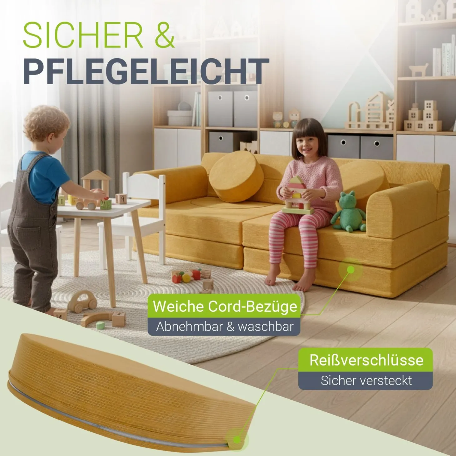 Kindersofa Kayo mit Cord Bezug & Kissen Weiches Spielsofa mit verschiedenen Aufbaumöglichkeiten