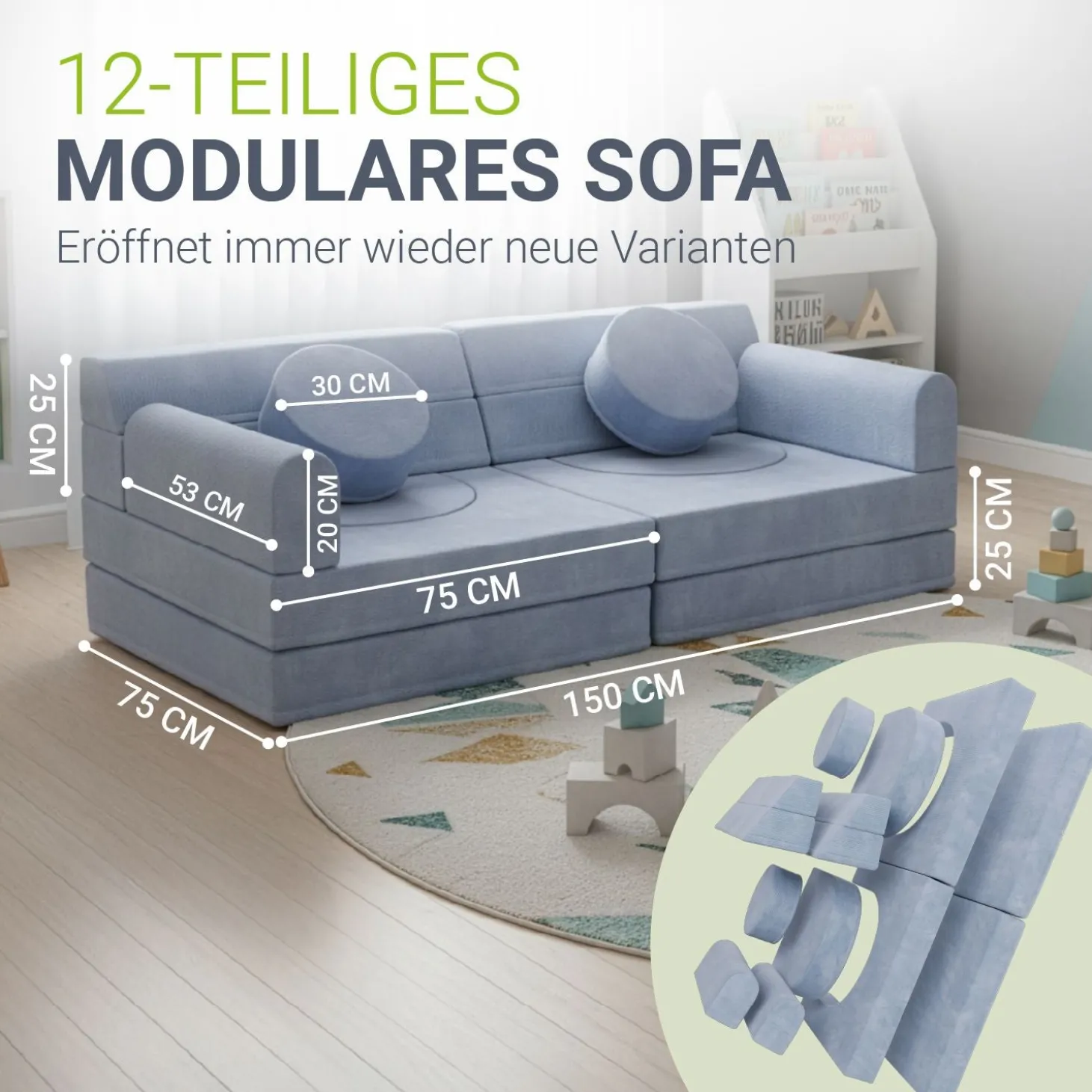 Kindersofa Kayo mit Cord Bezug & Kissen Weiches Spielsofa mit verschiedenen Aufbaumöglichkeiten