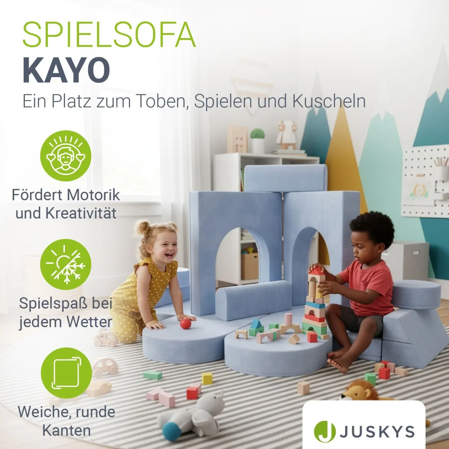 Kindersofa Kayo mit Cord Bezug & Kissen Weiches Spielsofa mit verschiedenen Aufbaumöglichkeiten