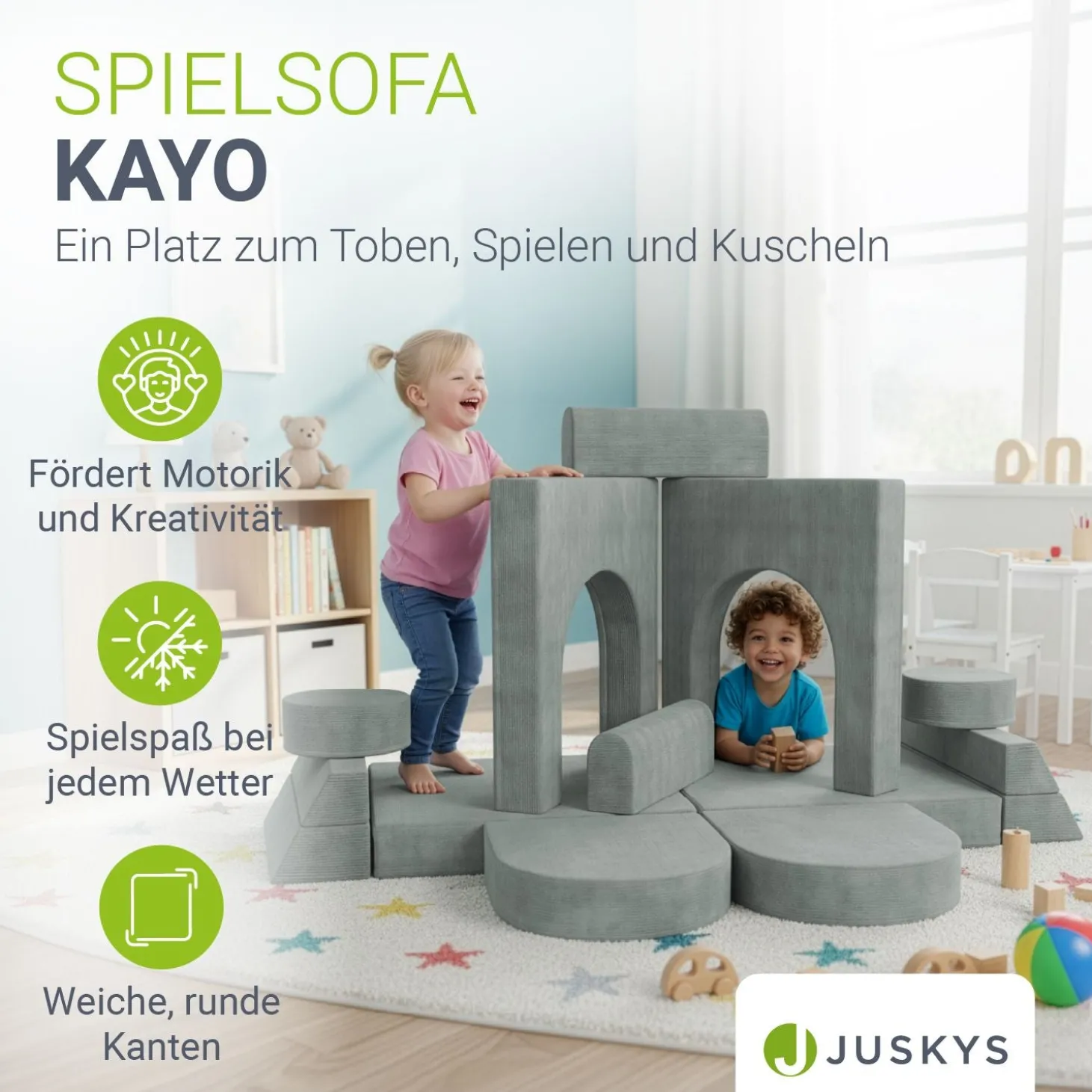 Kindersofa Kayo mit Cord Bezug & Kissen Weiches Spielsofa mit verschiedenen Aufbaumöglichkeiten