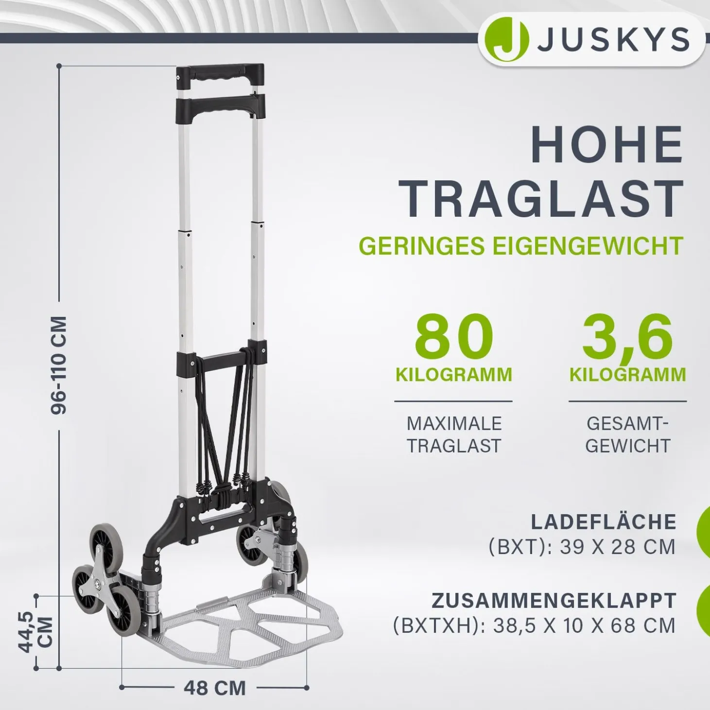 Klappbare Treppensackkarre bis 80 kg Alu Sackkarre inklusive Handschuhe & 2 Expanderseile