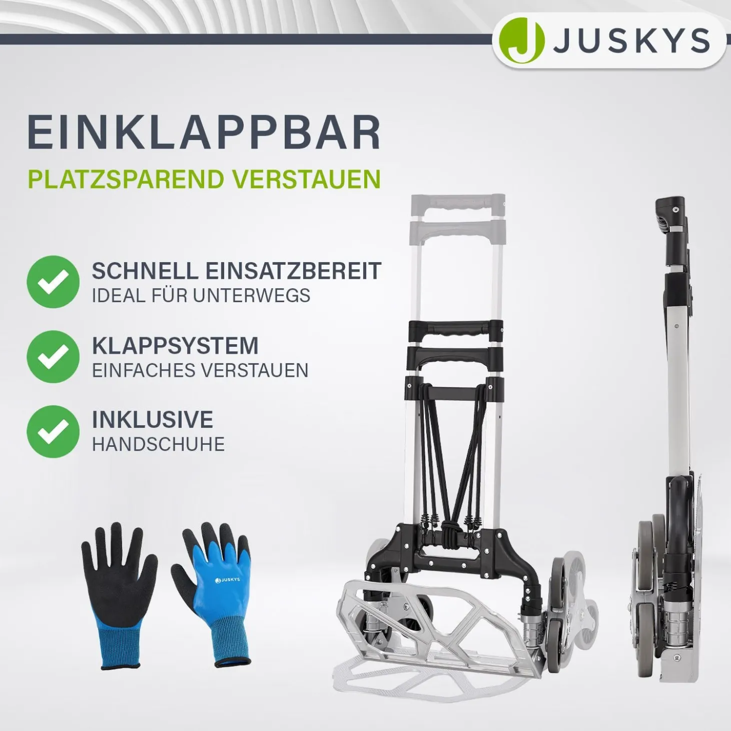 Klappbare Treppensackkarre bis 80 kg Alu Sackkarre inklusive Handschuhe & 2 Expanderseile
