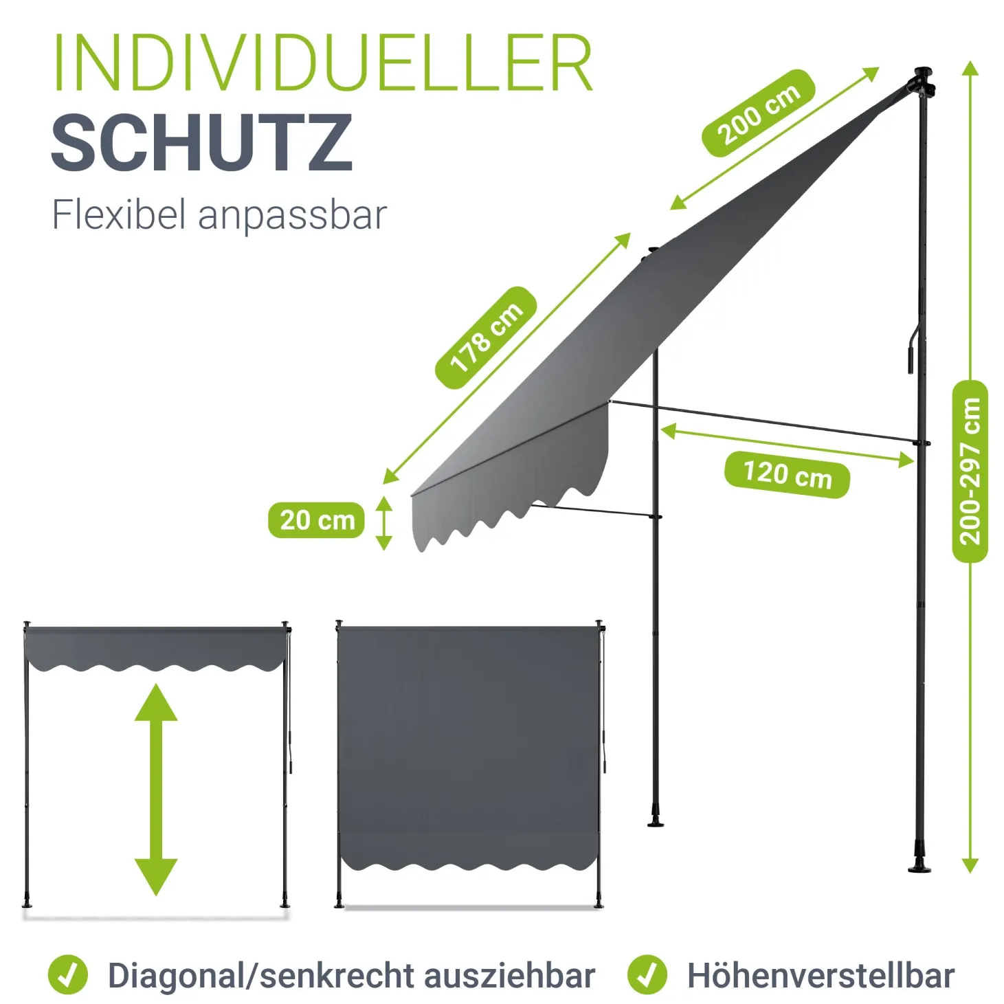 Klemmmarkise Kapstadt mit Handkurbel höhenverstellbarer Sonnenschutz, uv-beständig in 6 Breiten verfügbar