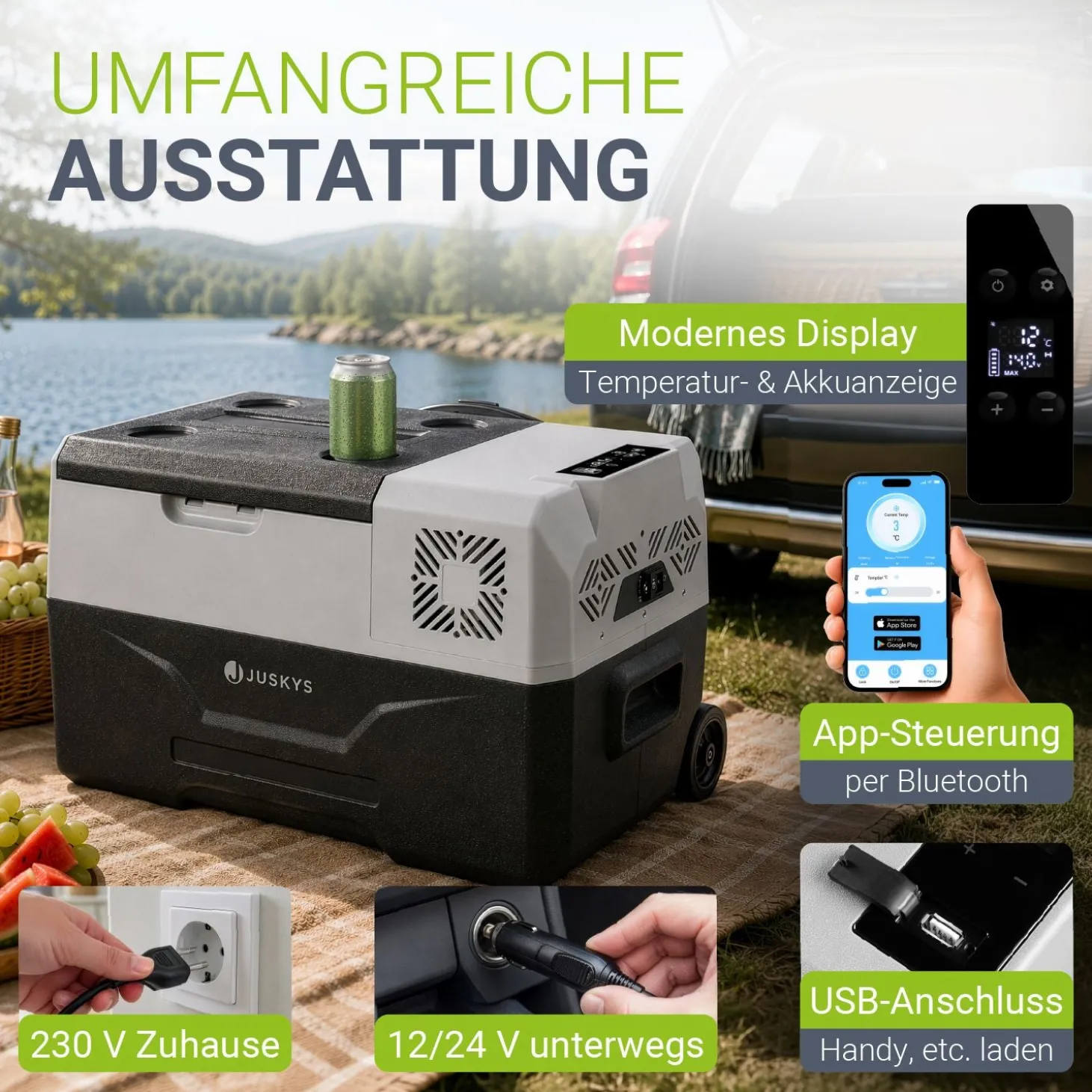 Kompressor Kühlbox Yukon 30l oder 50l mit 12/24 & 230 V Anschluss, App-Steuerung und USB-Ladebuchse