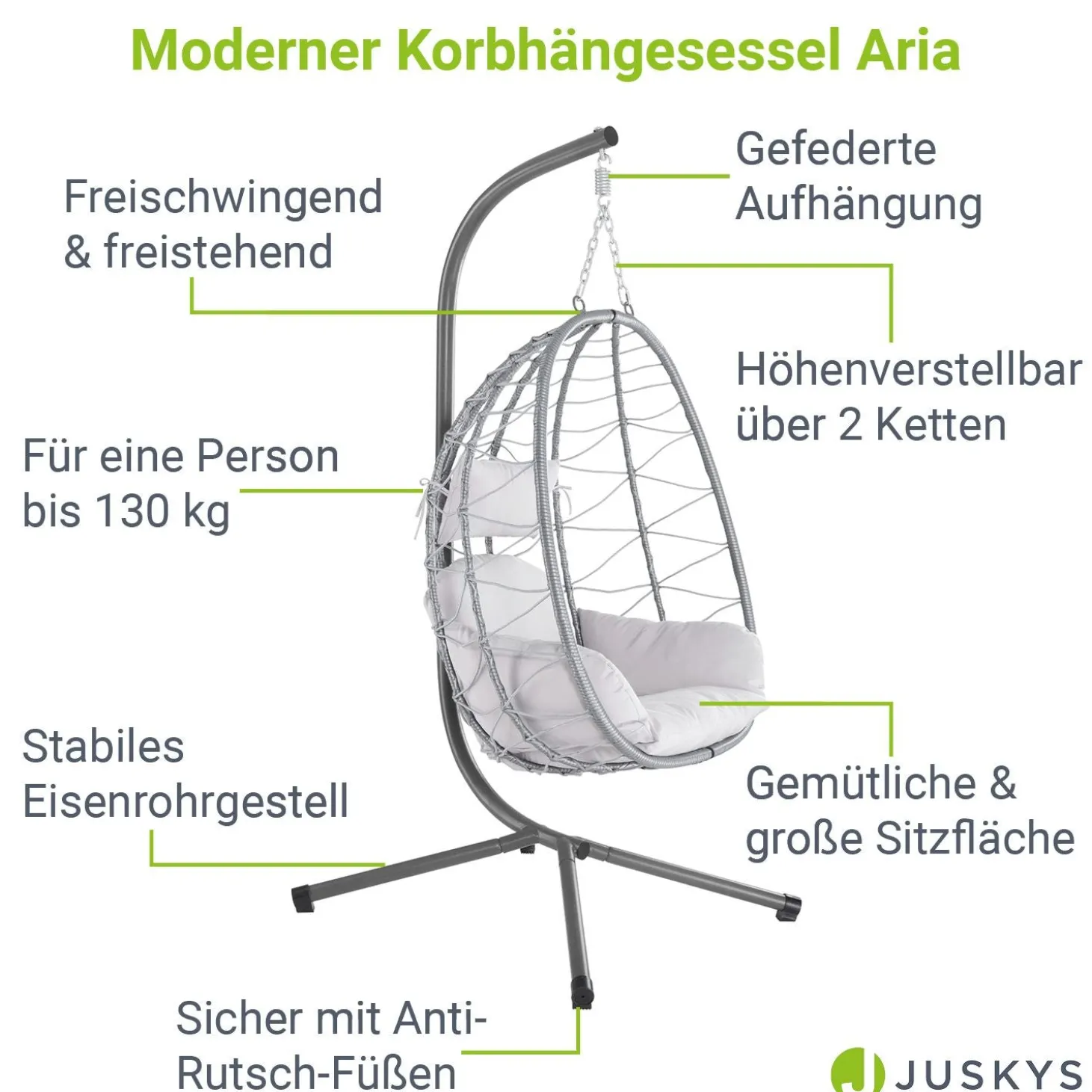 Korbhängesessel Aria inklusive Gestell Faltbarer Hängesessel mit Geflecht, Kissen & Aufhängung mit Feder