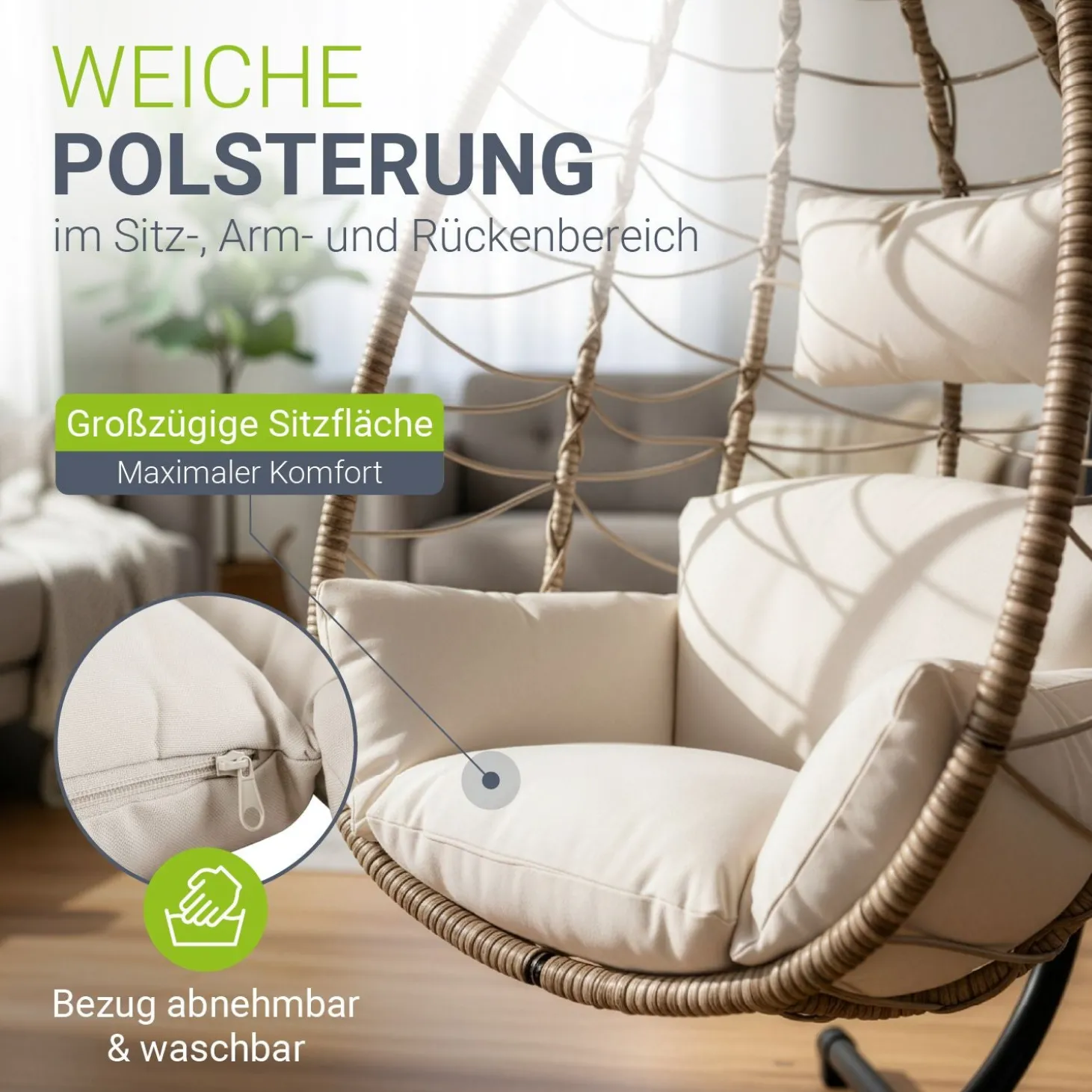 Korbhängesessel Aria inklusive Gestell Faltbarer Hängesessel mit Geflecht, Kissen & Aufhängung mit Feder