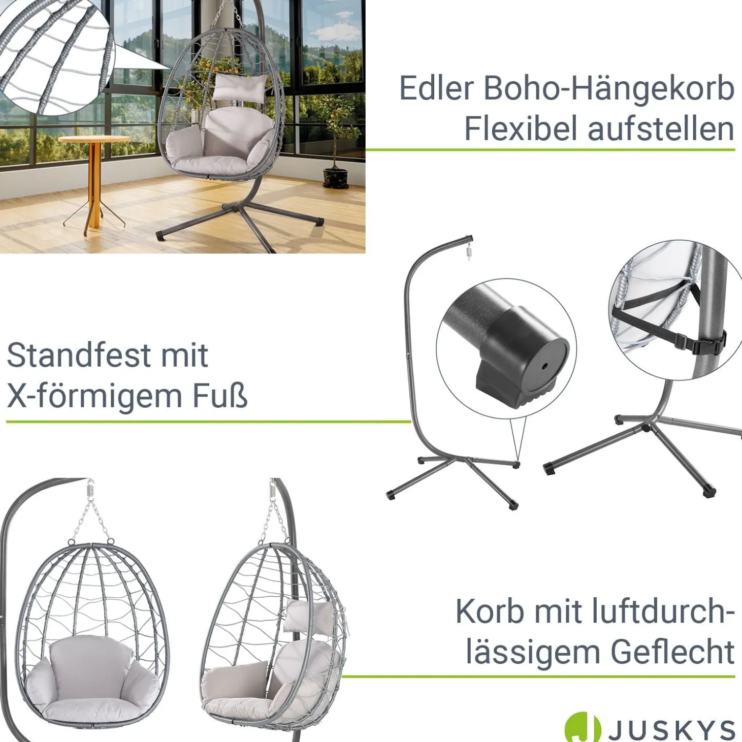Korbhängesessel Aria inklusive Gestell Faltbarer Hängesessel mit Geflecht, Kissen & Aufhängung mit Feder