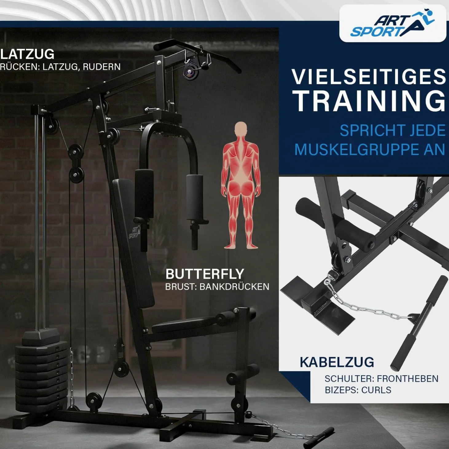 Kraftstation ProfiGym 2000 mit Latzugstange, Butterflystange und Bizepsseilzug