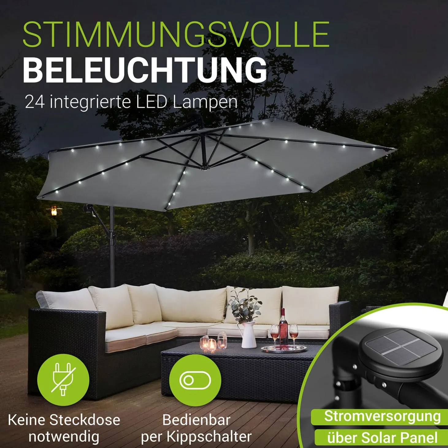 LED Ampelschirm Brazil Sonnenschirm mit LED, Kurbel & Standfuß