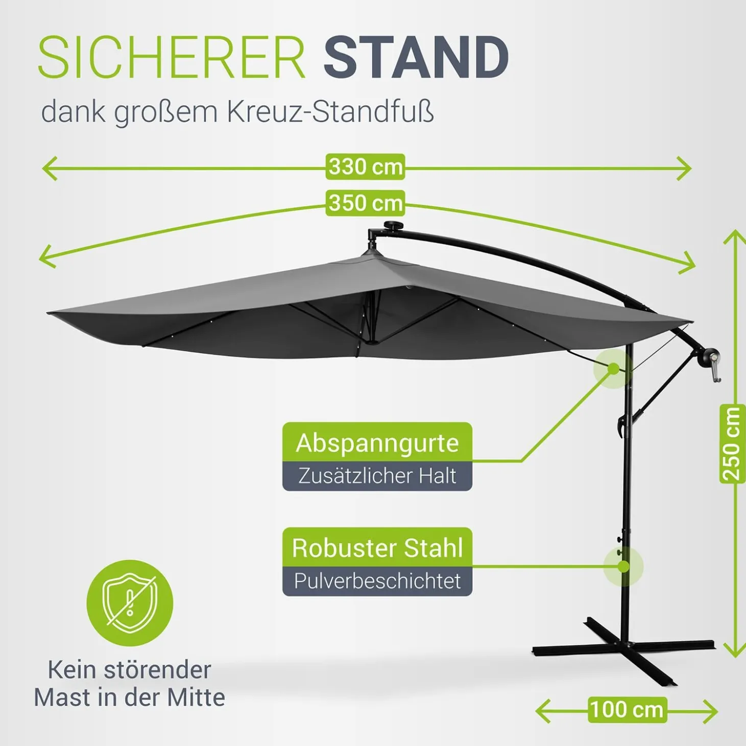 LED Ampelschirm Brazil Sonnenschirm mit LED, Kurbel & Standfuß
