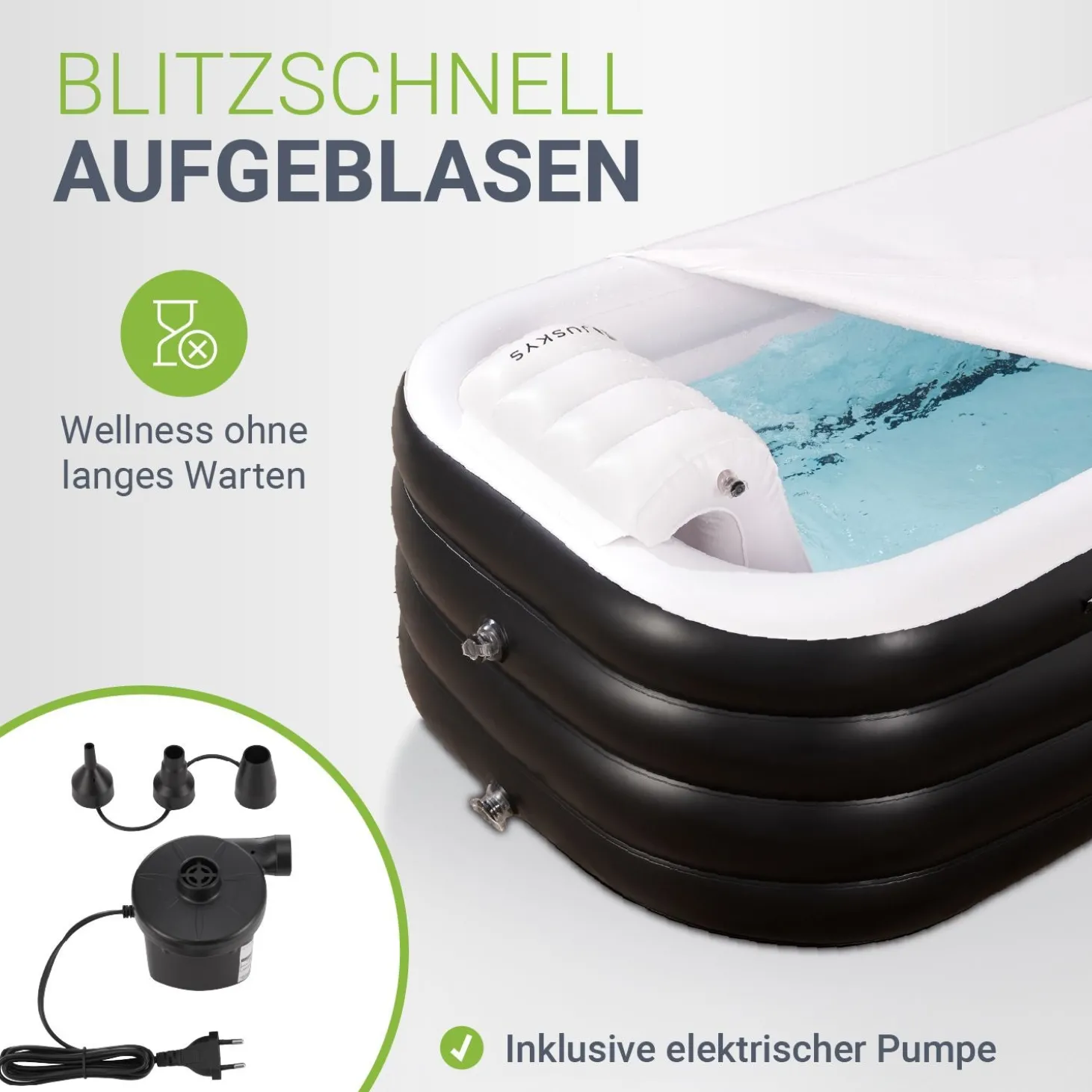 Mobile Badewanne Aufblasbare Wanne mit Luftpumpe, Abdeckung und Rückenlehne