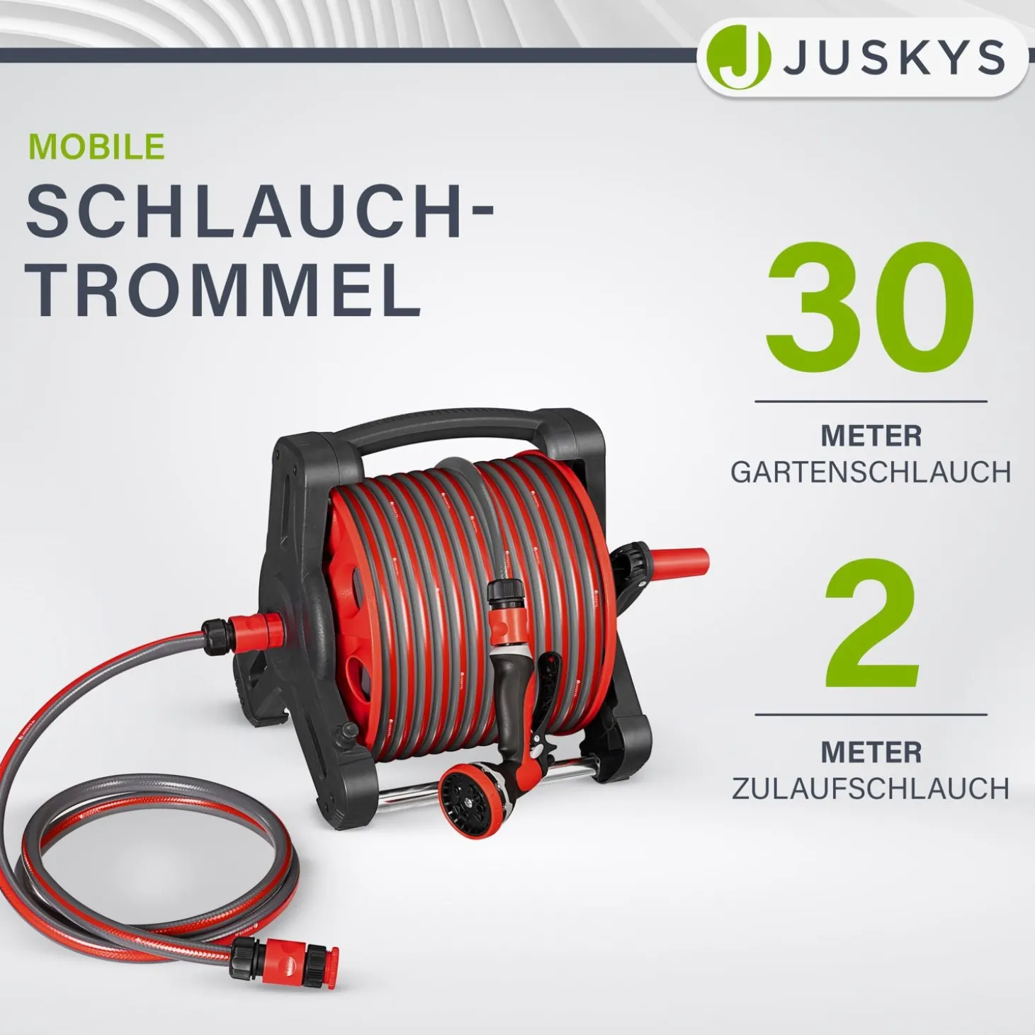 Mobile Schlauchtrommel Basic 30 m Mit Multifunktions-Handbrause, Wandaufhängung und Adaptern