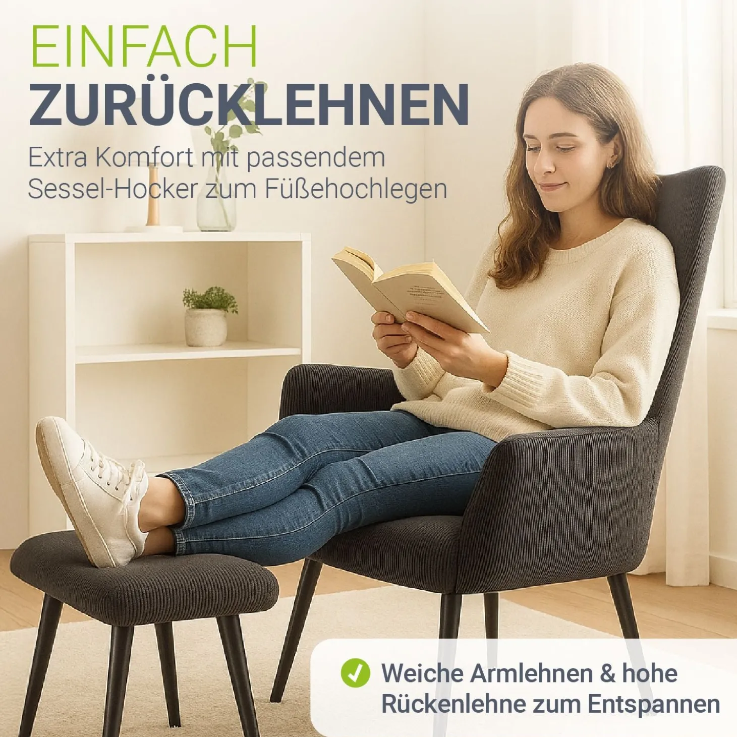 Ohrensessel mit optionalem Hocker Odense Relaxsessel beige oder grau im skandinavischen Design