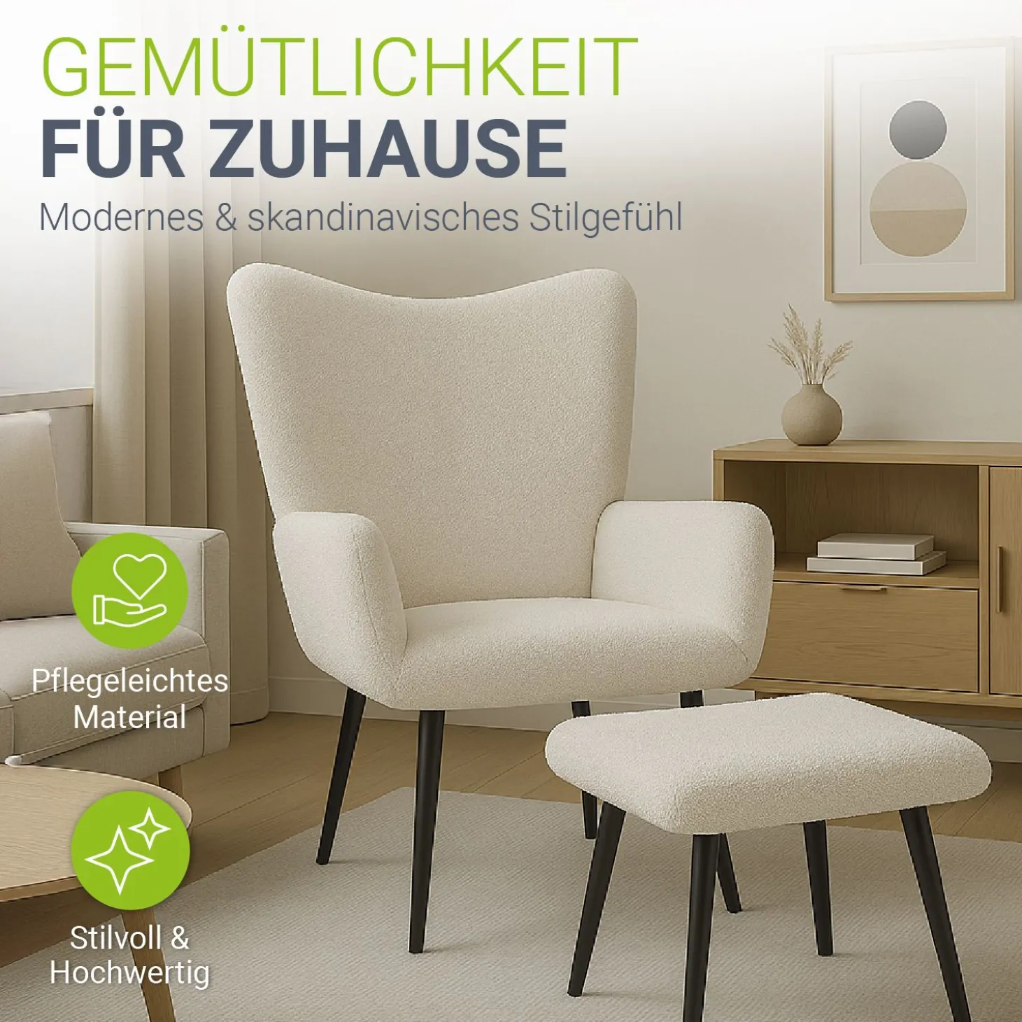 Ohrensessel mit optionalem Hocker Odense Relaxsessel beige oder grau im skandinavischen Design