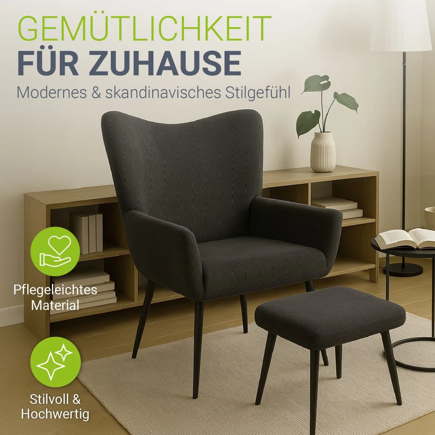 Ohrensessel mit optionalem Hocker Odense Relaxsessel beige oder grau im skandinavischen Design