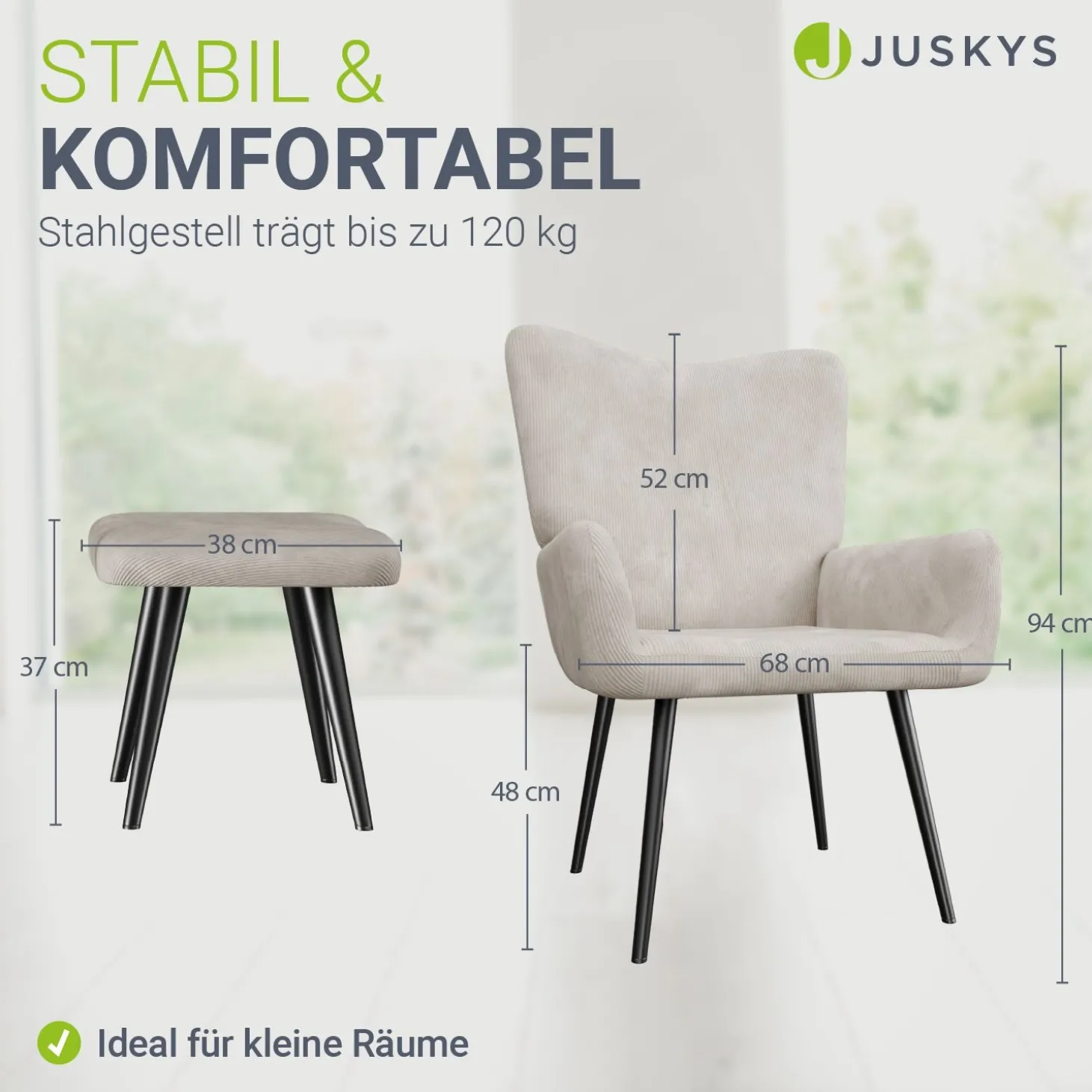 Ohrensessel mit optionalem Hocker Odense Relaxsessel beige oder grau im skandinavischen Design