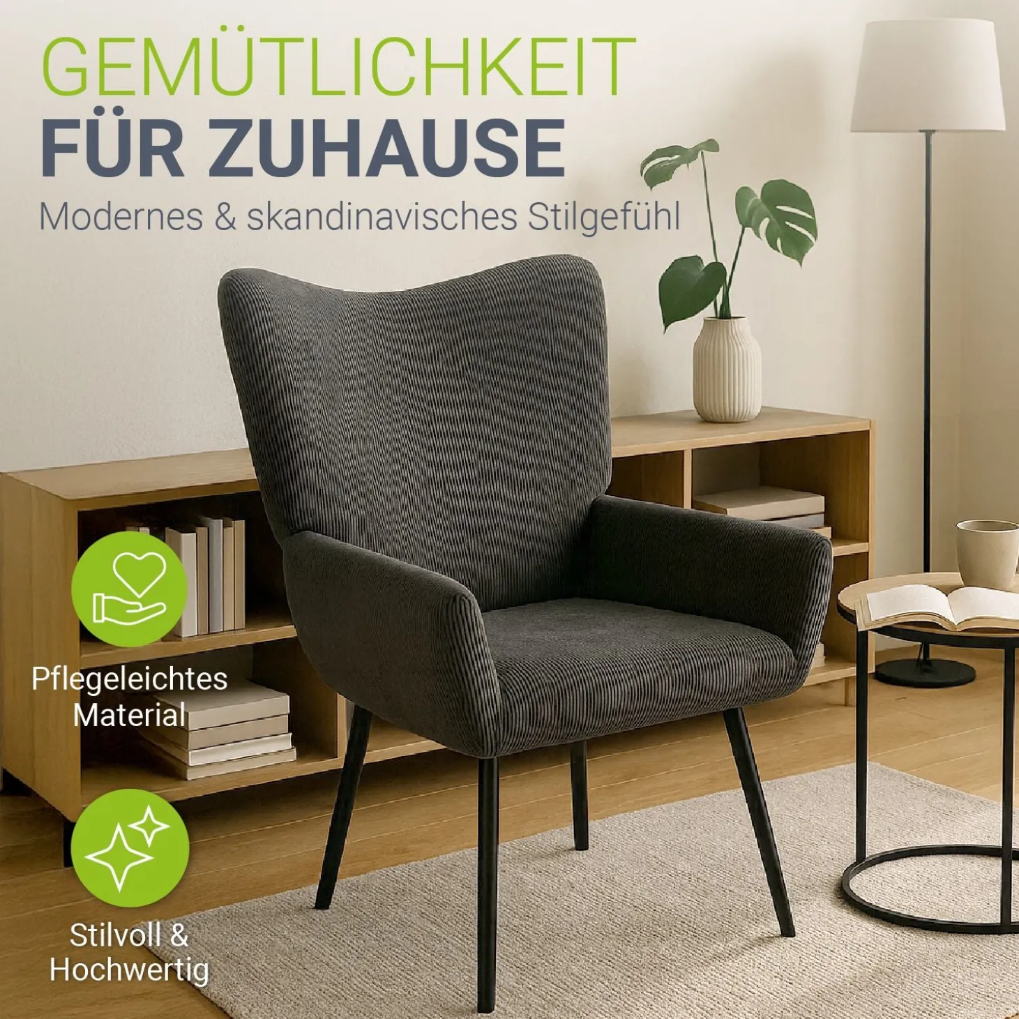 Ohrensessel mit optionalem Hocker Odense Relaxsessel beige oder grau im skandinavischen Design