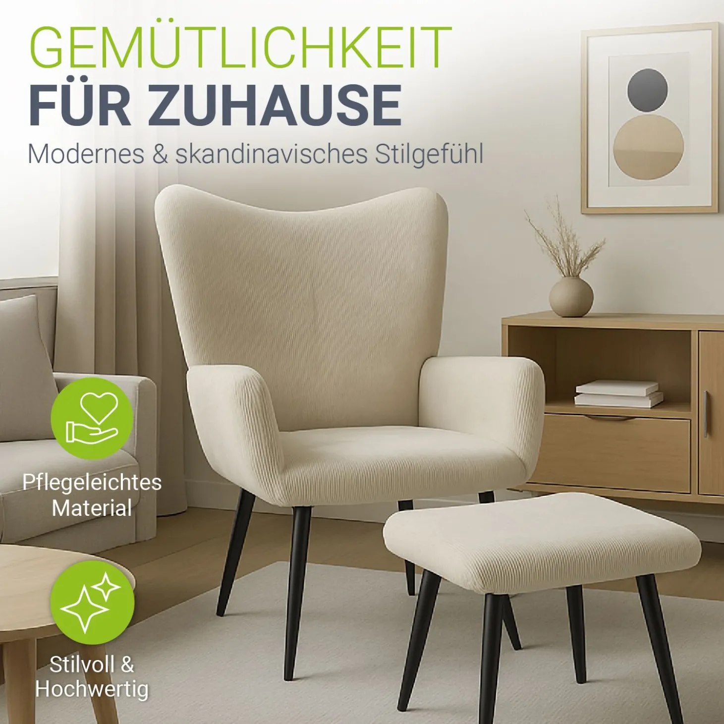 Ohrensessel mit optionalem Hocker Odense Relaxsessel beige oder grau im skandinavischen Design