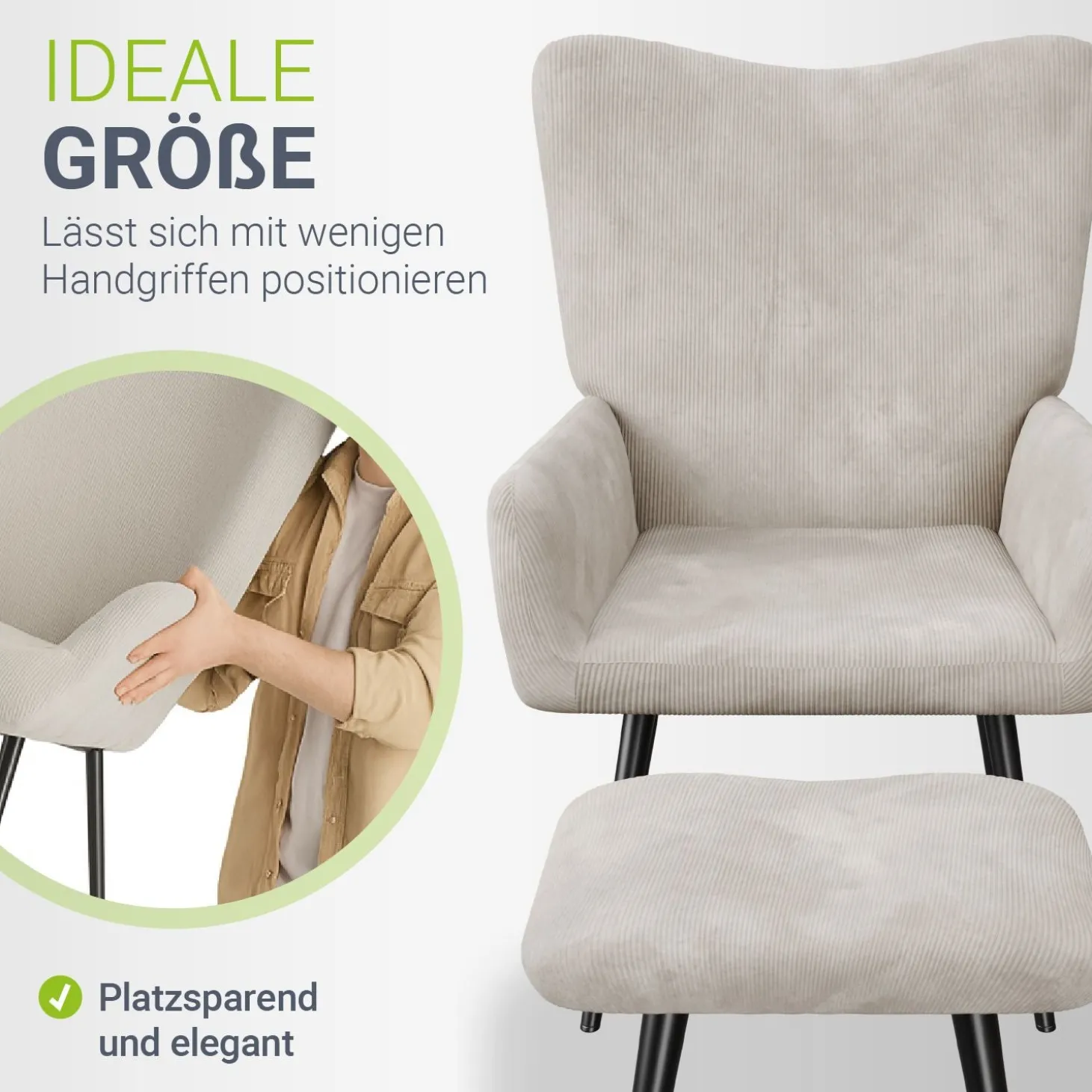 Ohrensessel mit optionalem Hocker Odense Relaxsessel beige oder grau im skandinavischen Design