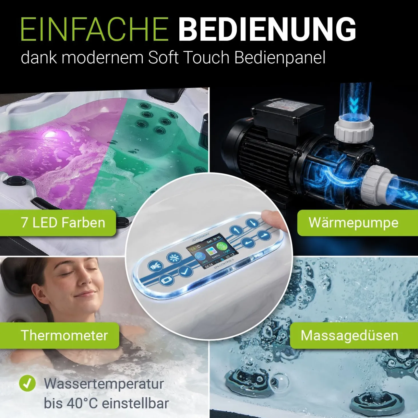 Outdoor Whirlpool Oasis Beheizbar, mit LED Farblicht, Massagedüsen, UV-Sterilisator & Filtersystem