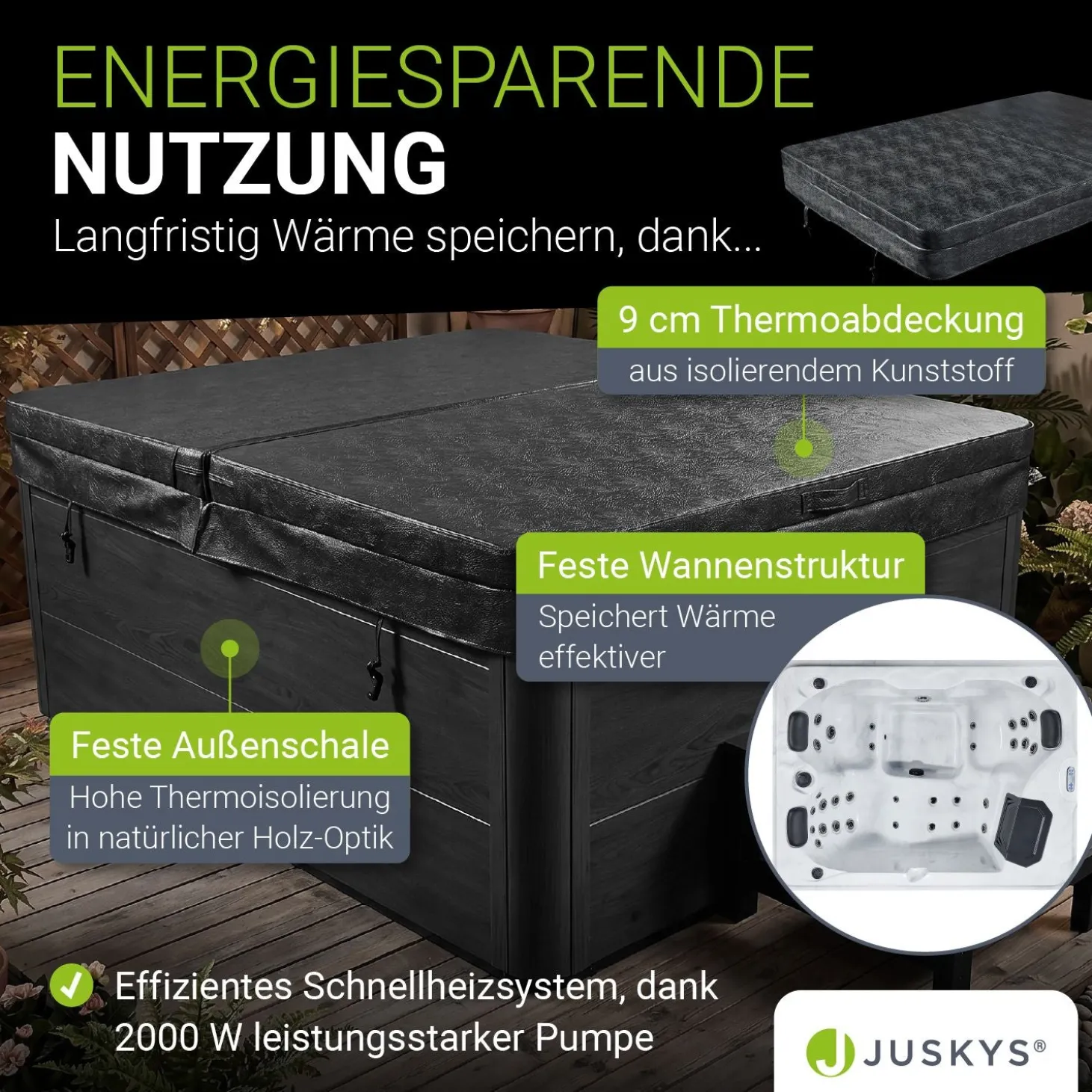 Outdoor Whirlpool Oasis Beheizbar, mit LED Farblicht, Massagedüsen, UV-Sterilisator & Filtersystem