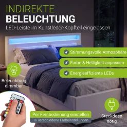 Polsterbett Lyon Bettgestell mit Bettkästen, LED-Beleuchtung und Lattenrost