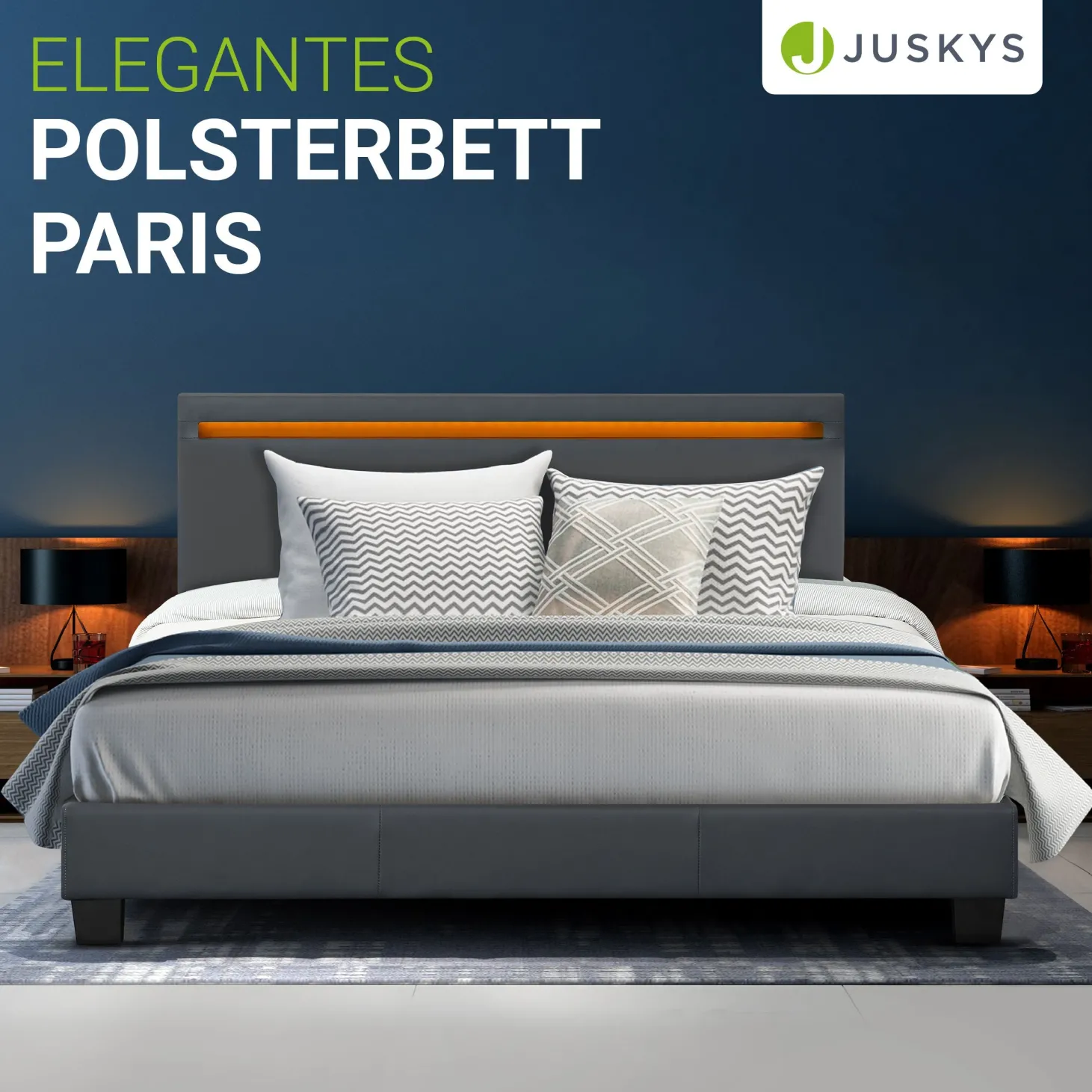 Polsterbett Paris Bettgestell mit LED-Beleuchtung und Lattenrost